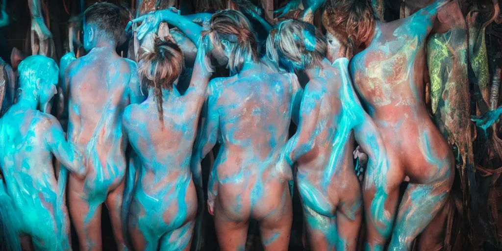 Image similar to love, translucent people with glowing body paint, from behind, rebirth, wide angle, cinematic atmosphere, elaborate, highly detailed, dramatic lighting