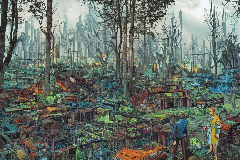 Prompt: full page comic book drawings of cyberpunk apocalyptic forest village scene, bold color palette, high contrast, by carel willink and jean giraud, comic book panels, octane render