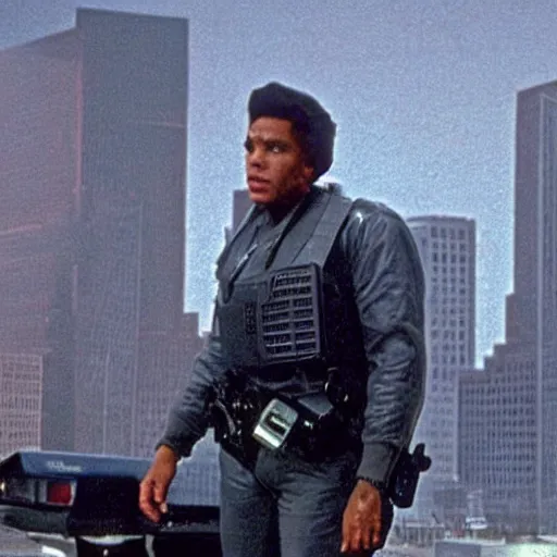 Image similar to Environment = Detroit 1987, only one cop part man part machine can stand up to crime - Cyborg Cop, Character = Cyborg Cop who is a cybernetic organism part human part machine, all justice, Style = Ultra Realistic, VHS film, Total Recall, Das Boot, Starship Troopers, cinematography by Jost Vacano, Composure = Establishing shot, Exterior Shot, Cinematic Film, 4k