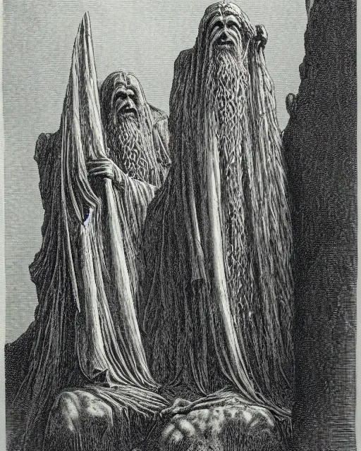 Prompt: an engraving of the argonath, two statues of kings by gustave dore, lord of the rings highly detailed, storybook illustration, lithograph engraving