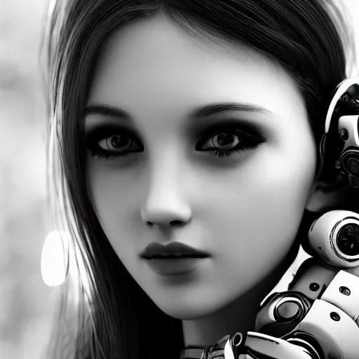 Image similar to black and white dreamy young beautiful female artificial intelligence, cyborg, cinematic, rim light, bokeh, photo - realistic, elegant, high detail, 8 k