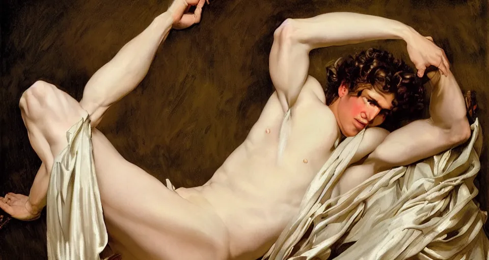Image similar to Painting of Apollo as a hedonistic prince in wispy opalescent silk robes, long blond drill curls and fringe, delicate pale porcelain skin, cool tones by Leyendecker and Norman Rockwell