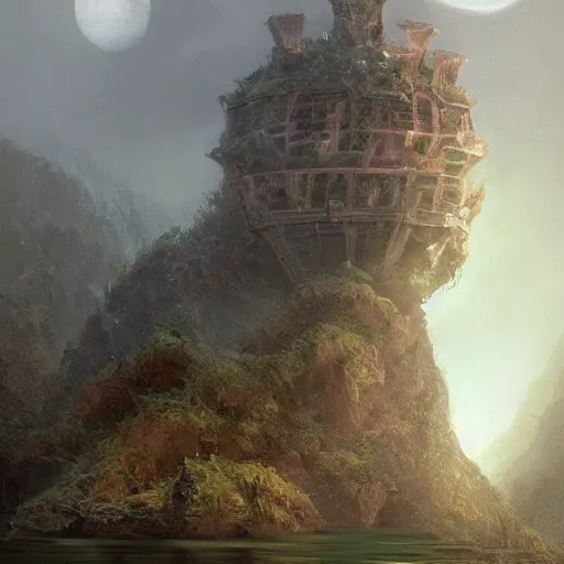 Prompt: the concept artist thinks to himself before he writes dozens of hived hexagonal frog kappa bee fat guys in the castle keep glorious cliff moat with the crescent moon rippling above. Craig Mullins, Dylan Cole, Liang Mark, Darek Zabrocki, Finnian MacManus, Sung Choi, Ruan jia, Albert Bierstadt Greg Rutkowski, Cinematic Keyframe Environmental & Architectural Design Concept Art, Trending on ArtStation?