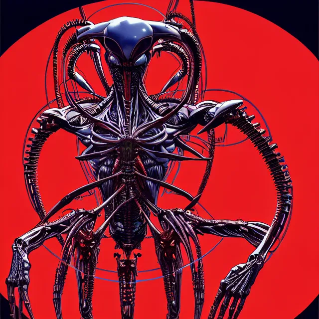 Image similar to full profile of evangelion xenomorph as circular vitruvian man by james jean and moebius, biomechanical, ultra wide angle, full body, no crop, golden ratio, ultra details, in the style of shusei nagaoka