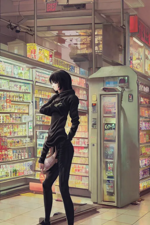 Image similar to A ultradetailed beautiful panting of a stylish girl wearing streetwear standing in a convenience store, Oil painting, by Ilya Kuvshinov, Greg Rutkowski and Makoto Shinkai