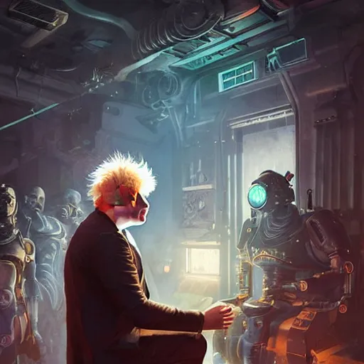 Prompt: cyborg steampunk boris johnson in a nightclub, anatomy, bathed in light, highly detailed, photorealistic, artstation, smooth, sharp focus, illustration, unreal engine 5, 8 k, art by artgerm and greg rutkowski and edgar maxence