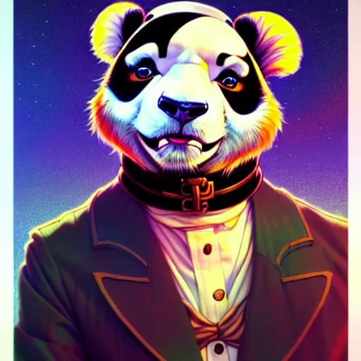 Image similar to don bluth, loish, artgerm, joshua middleton, steampunk, clockpunk anthropomorphic panda, full sailor suit, symmetrical eyes symmetrical face, colorful animation forest background