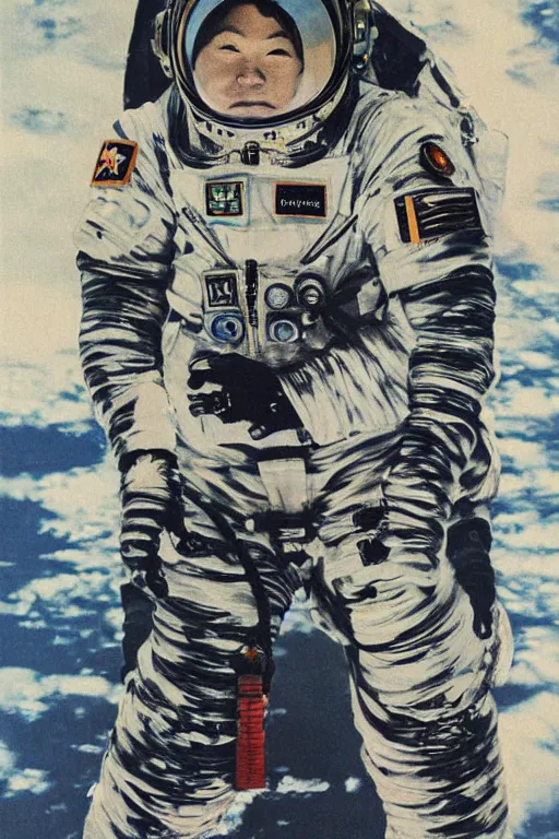 Prompt: a beautiful glitched painting by akiya kageichi of a cosmonaut in space suit falling into a dark abyss