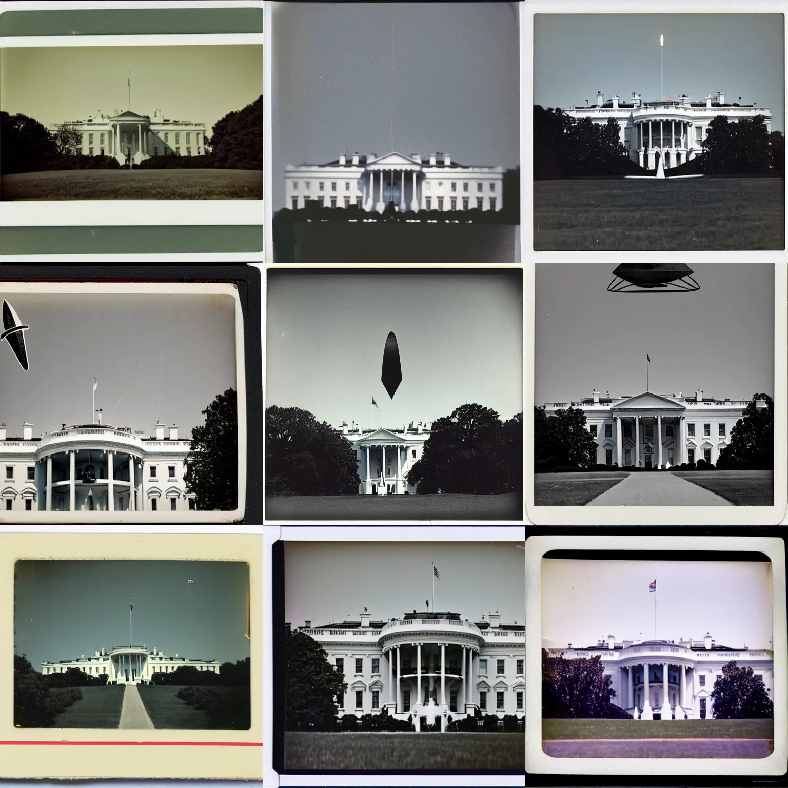 Prompt: old polaroid from 1 9 5 2 depicting an triangular ufo hovering above the white house, sunny day