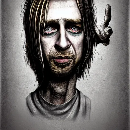 Image similar to surrealism grunge cartoon portrait sketch of Kurt Cobain, by michael karcz, loony toons style, freddy krueger style, horror theme, detailed, elegant, intricate