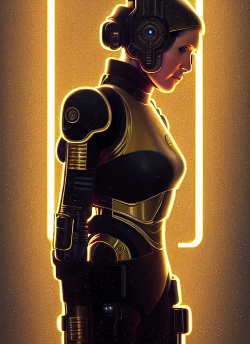 Image similar to symmetry!! portrait of young carrie fisher, gold sci - fi armour, tech wear, glowing lights!! sci - fi, intricate, elegant, highly detailed, digital painting, artstation, concept art, smooth, sharp focus, illustration, art by artgerm and greg rutkowski and alphonse mucha