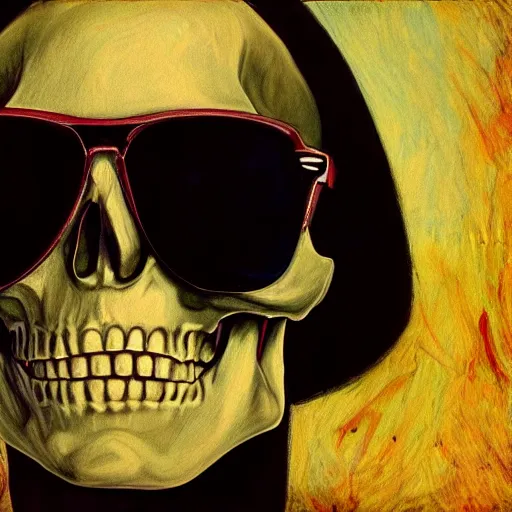 Prompt: beautiful portrait of skeleton in sunglasses with both thumbs up in the center, nuclear bomb explosion shape in the background, trending on Artstation, realistic, HD, 4K, five fingers, highly detailed, high quality, heat, reflections, anatomically accurate skull