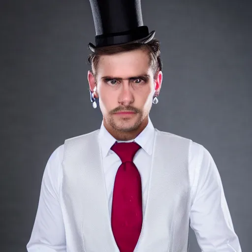 Prompt: handsome man wearing a white shirt and a vest and a necktie and a top hat and an earring, medium shot, photography, high quality, studio lighting, 4k,