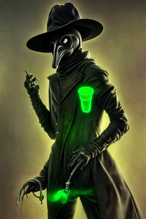 Prompt: wow! 3 / 4 stunning photorealistic portrait of a plague doctor with a green aura in a kowloon cyberpunk cityscape, biomechanical bodysuit, acid rain, dark fantasy by artgerm and sorayama and alphonse mucha, very realistic, hyperdetailed, trending on artstation, octane render