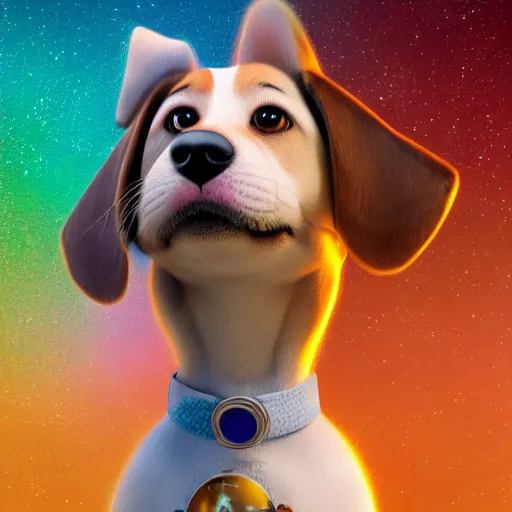 Prompt: dog character 1 1, small puppy, rich dog, high quality image, smart dog, dog with gun, dog in space, illustration, dog in mountain, soft, concept art, intricate details, highly detailed, colorful, photorealistic, disney pixar, octane render, iridescent, anime, 8 k