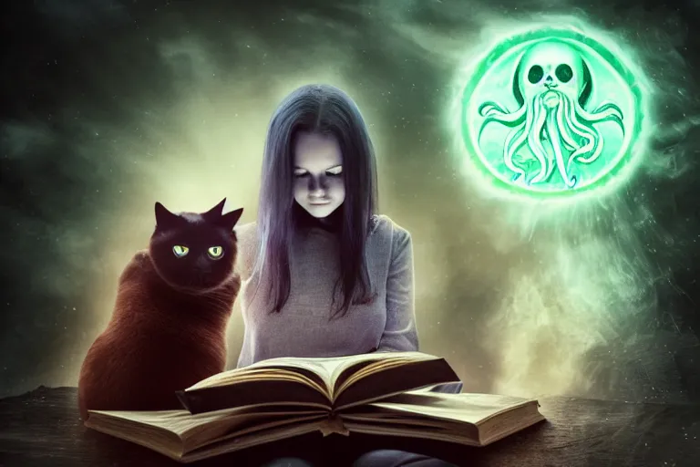 Image similar to romantic photo of bright girl, her cat and her book of necronomicon, symmetrical, cinematic, real dlsr photography, sharp focus, 4 k, ultra hd, sense of awe, sinister demonic atmosphere, dreadful, forbidden knowledge, old gods, cthulhu, yog - sothoth! yah, yah, yah! cultist journal cover