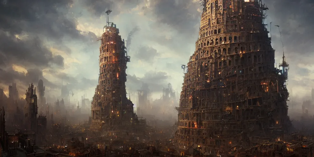 Image similar to Bruegels The Tower of Babel, steampunk city, atmospheric lighting, a fantasy digital painting by Greg Rutkowski and James Gurney, trending on Artstation, hyperrealistic, realistic, photorealistic, dynamic lighting, highly detailed, cinematic landscape, studio landscape, studio lighting by Romain Jouandeau