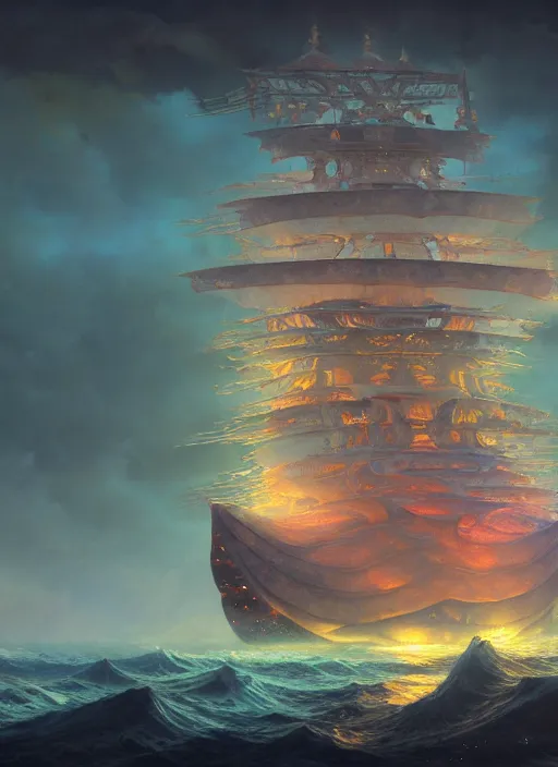 Prompt: subsurface scattering, white, ornate giant ship of the moon god, vibrant colors, octane render, jesper ejsing, james jean, justin gerard, koi colors, tomasz alen kopera, cgsociety, fenghua zhong, makoto shinkai, highly detailed, rim light, art, cinematic lighting, very coherent, hyper realism, 8 k