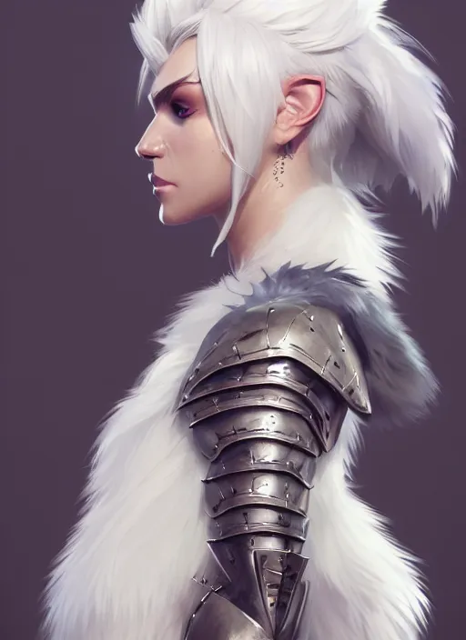 Image similar to fur - lined armor!!! beautiful and elegant white haired female!! gorgeous ayes!! character concept art, sharp focus, octane render! unreal engine 5! highly rendered!! trending on artstation!! detailed linework!! illustration by bussiere rutkowski andreas rocha