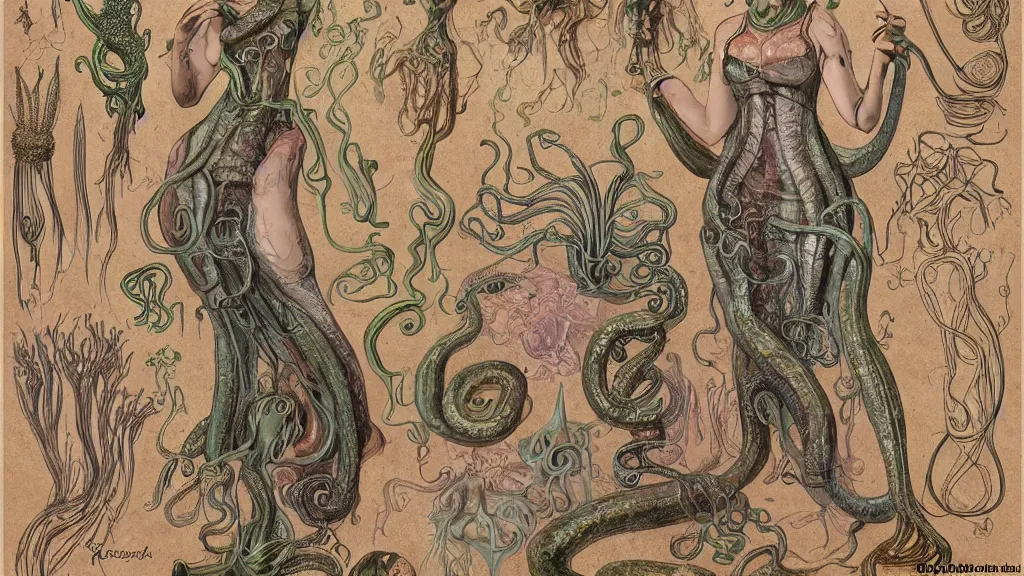 Image similar to aged paper, colorful character sheet for a stocky alien extraterrestrial female servant maid with thick snake - like tentacles instead of hair, long dress with apron, ernst haeckel, coherent, illustration, digital art, trending on artstation, hd, 8 k, good lighting, beautiful, rough paper, masterpiece