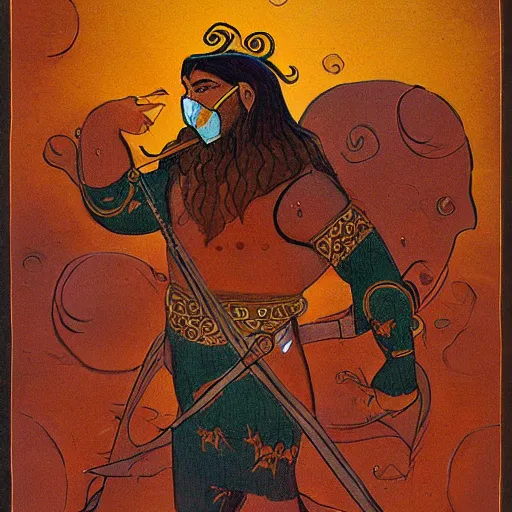 Prompt: persian folktale art style, barbarian on mars, wearing a mask