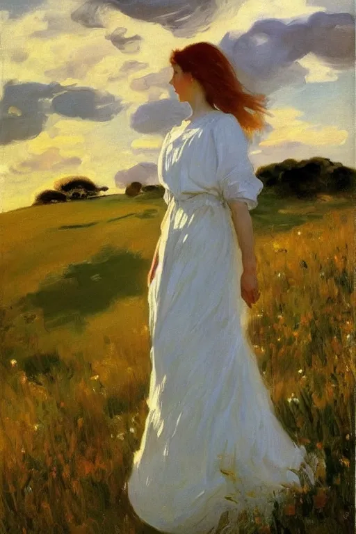 Prompt: young slender woman with long auburn hair wearing a white dress walking through a meadow at dusk, dramatic clouds in sky, wide angle, painting by Joaquín Sorolla, oil on canvas