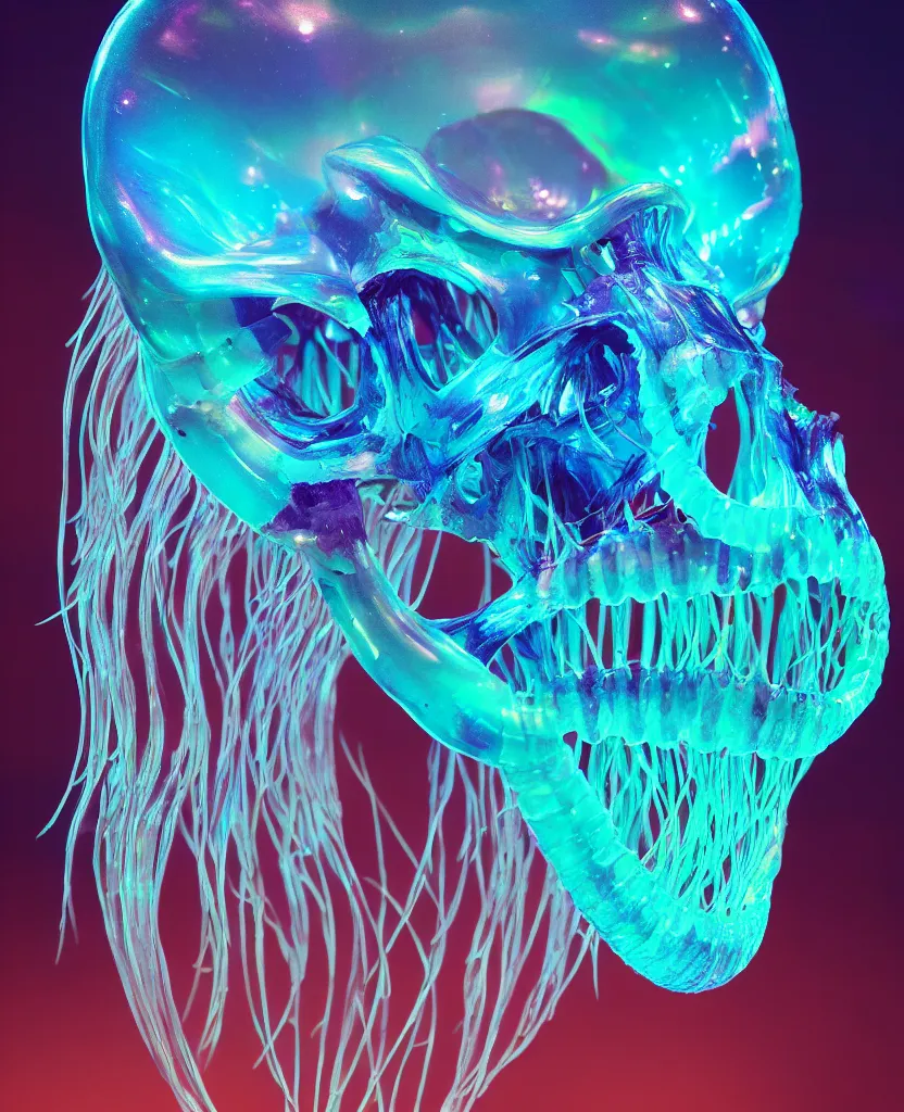 Image similar to close-up portrait of skull dichroic orchid jellyfish skull, betta fish, bioluminiscent creatures, intricate artwork by Tooth Wu and wlop and beeple. octane render, trending on artstation, greg rutkowski very coherent symmetrical artwork. cinematic, hyper realism, high detail, octane render, 8k