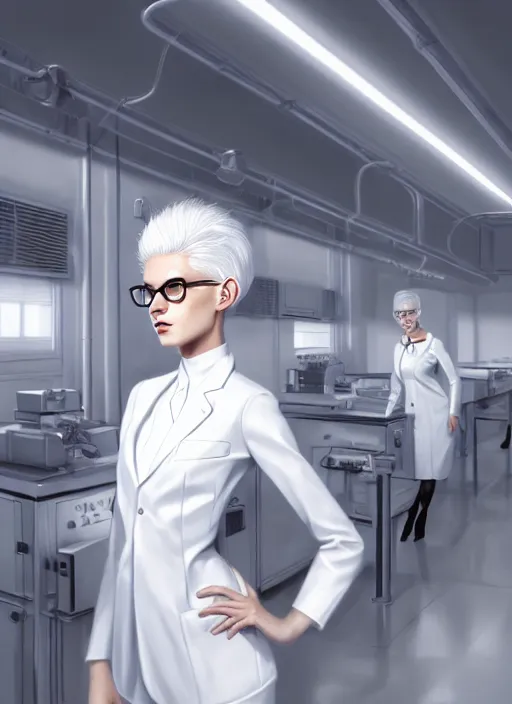 Prompt: beautiful young girl with white hair, wearing white suit and glasses, standing inside a research facility, character portrait, 1 9 6 0 s, short hair, intricate, elegant, highly detailed, digital painting, artstation, concept art, smooth, sharp focus, illustration, art by wlop, mars ravelo and greg rutkowski