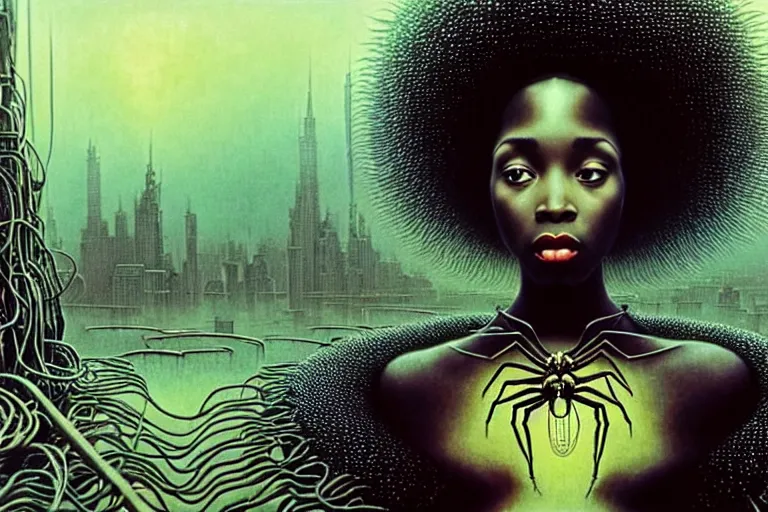 Image similar to realistic detailed photorealistic portrait movie shot of a beautiful black woman with a giant spider, dystopian city landscape background by denis villeneuve, amano, yves tanguy, alphonse mucha, ernst haeckel, jean delville, david lynch, edward robert hughes, roger dean, cyber necklace, rich moody colours, cyber patterns, wide angle