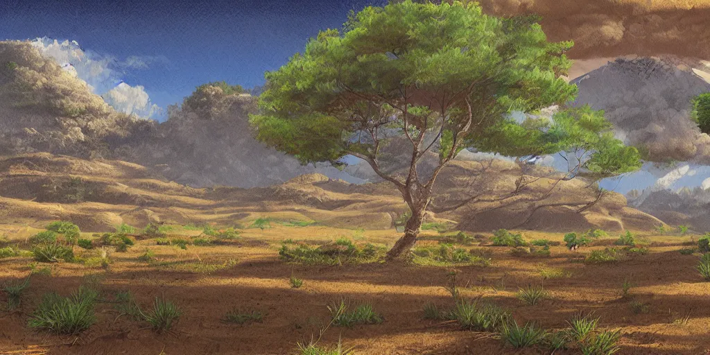Prompt: Malagasy landscape in the early morning, digital painting, highly detailed