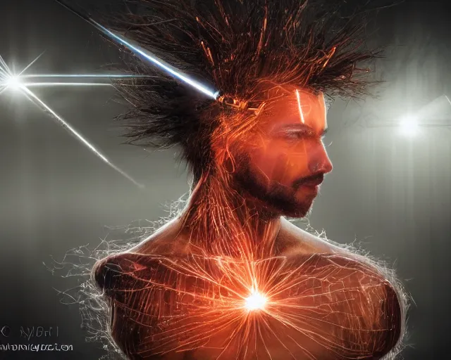 Image similar to glowing hair, complex cybernetic beings, beautiful hairy humanoids, cybermagnetosphere, cybernetic civilizations, ornate hair, love, joy, vortexes, large arrays, data holograms, 8 k, cinematic light shadows, wet hdr refractions, *, * * *, * * * * *