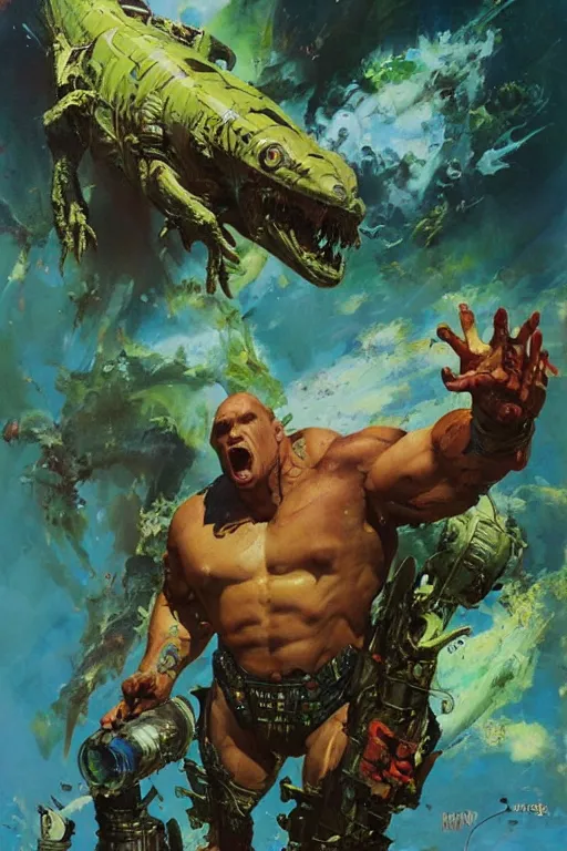 Image similar to full body portrait of martyn ford as huge slimy salamander attacking spaceship, dynamic action, by john berkey, norman rockwell, jack kirby, earle bergey, craig mullins, ruan jia, jeremy mann, tom lovell, marvel, astounding stories, 5 0 s pulp illustration, scifi, fantasy