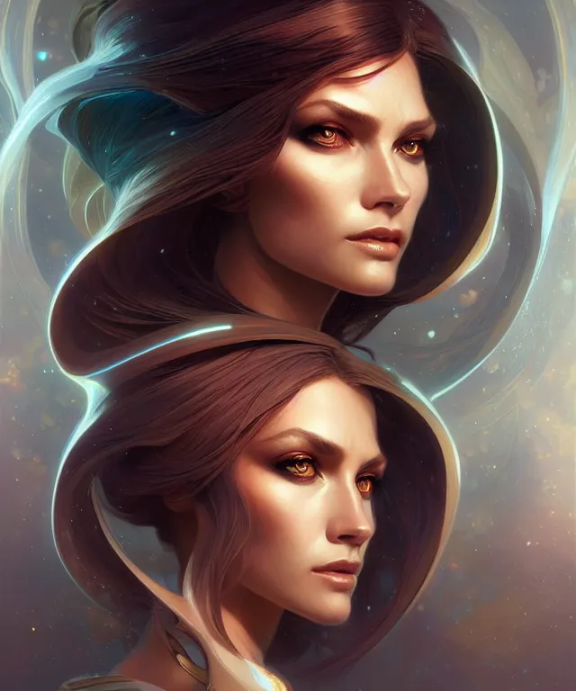 Image similar to futuristic woman portrait, sci-fi, amber eyes, face, long hair, fantasy, intricate, elegant, highly detailed, digital painting, artstation, concept art, smooth, sharp focus, illustration, art by artgerm and greg rutkowski and alphonse mucha