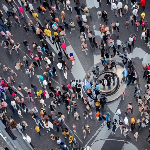 Prompt: aerial view of people walking through pedestrian, directly above