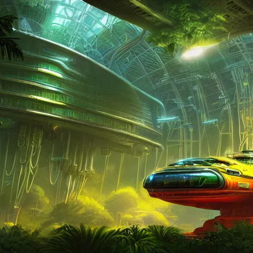 Prompt: legendary space ship, jungle planet, tropical, green forest, alien technology, cinematic, highly detailed, large blue engines, scifi, yellow windows and details, hyper realism, intricate digital painting, mechanics, red glow, gigantic landing pad, scifi base, artstation, by johnson ting, jama jurabaev