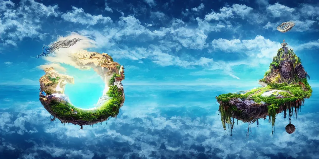 Prompt: Fantasy floating island over a blue ocean, art by Vincent Lou, 4K, HDR, detailed