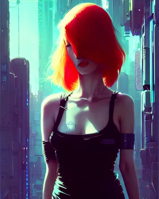 Image similar to cyberpunk synth, hyper - realistic detailed portrait of a happy girl, red hair, cinematic, by atey ghailan, by greg rutkowski, by greg tocchini, by james gilleard, by joe fenton, by kaethe butcher, 8 k, very intricate, dynamic lighting, gradient light blue, brown, blonde cream and white color scheme, sharp focus, grunge aesthetic