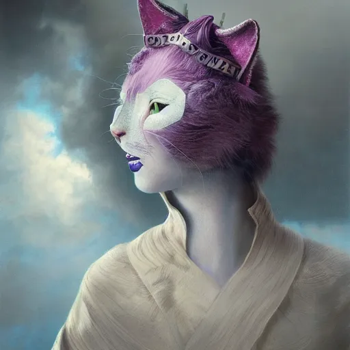 Image similar to actionism, soft painting curiosities carnival, beautiful cat head hybrid in full long dress, accurate features, focus, very intricate ultrafine details, black white purple volumetric clouds, award winning masterpiece, octane render 8 k hd, tom bagshaw artstyle
