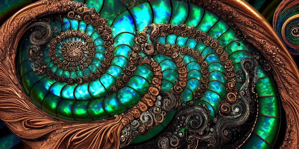 Image similar to cinematic landscape, art nouveau cresting oil slick waves, ammonite, bubbles in a shiny iridescent oil slick wave, black opals, ornate copper patina art nouveau spiral ornament, rococo, organic rippling spirals, hyperdetailed photorealistic ultrasharp octane render