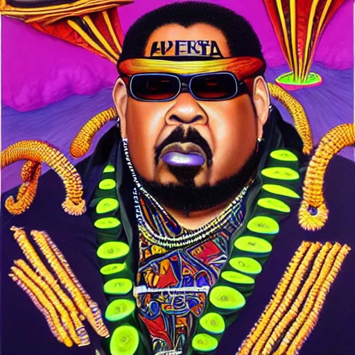 Image similar to beautiful lifelike painting of afrika bambaataa and the soulsonic force, hyperreal detailed facial features and uv lighting, art by ed roth and basil wolverton