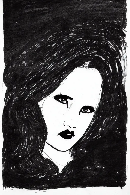 Prompt: ink lineart drawing of a beautiful trans woman, dark lips, white background, etchings by goya, chinese brush pen, illustration, high contrast, deep black tones contour