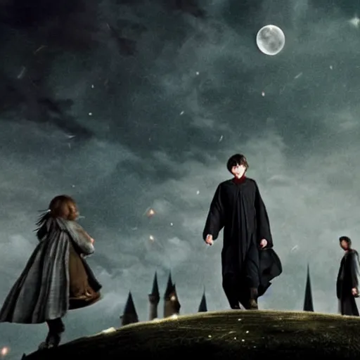 Image similar to Harry potter flying upright and channelling an intricate ritual, back view, cinematic shot, intricate detail and quality, movie still, nighttime, crescent moon, minor motion blur, action shot, photorealistic, intense scene, visually coherent, symmetry, rule of thirds, movement, vivid colors, award winning, Steven Spielberg, Christopher Nolan, Tooth Wu, Asher Duran, Greg Rutkowski