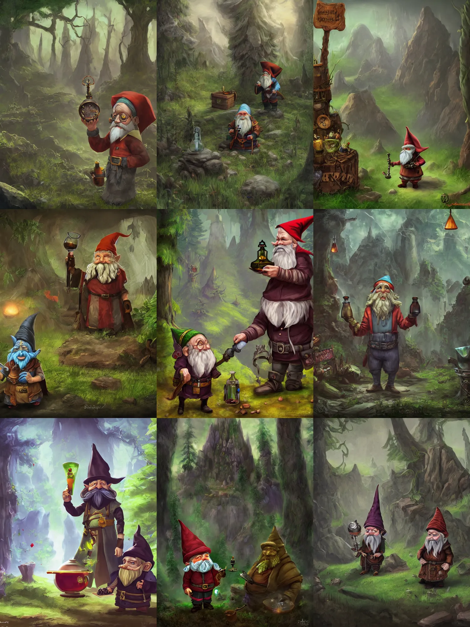 Prompt: evil alchemist gnome, scientific attire, giving flasks to other gnomes, dnd, forest background, matte painting, midjourney