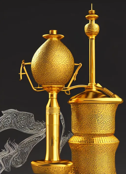 Image similar to an octane render of a beautiful shisha, made of obsidian, volumetric lighting, beautiful design, intricate golden engravings, oriental design hookah, hd render,