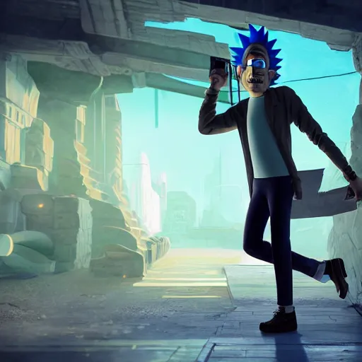 Image similar to full body pose, hyperrealistic photograph of rick sanchez from rick and morty, dim volumetric lighting, 8 k, octane beautifully detailed render, extremely hyper detailed, intricate, epic composition, cinematic lighting, masterpiece, trending on artstation, very very detailed, stunning, hdr, smooth, sharp focus, high resolution, award, winning photo, dslr, 5 0 mm