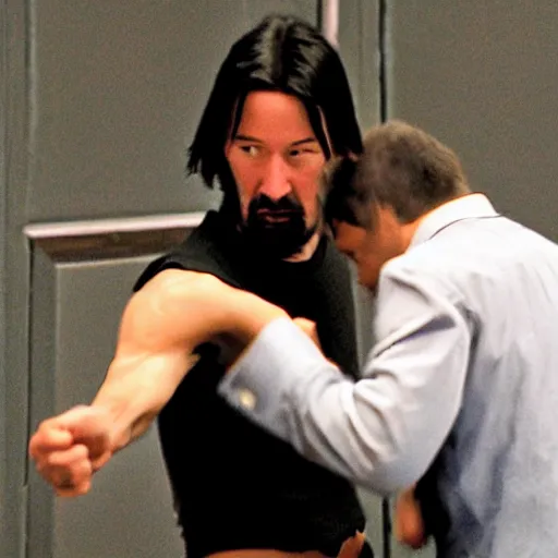 Prompt: Keanu Reevs fighting a ninja with a toothpick