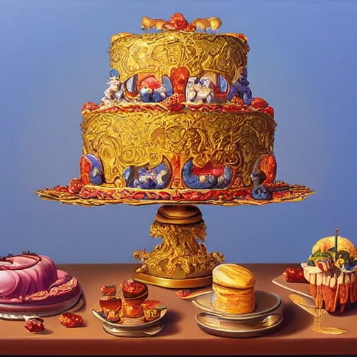 Prompt: painting of a baroque cake by greg hildebrandt