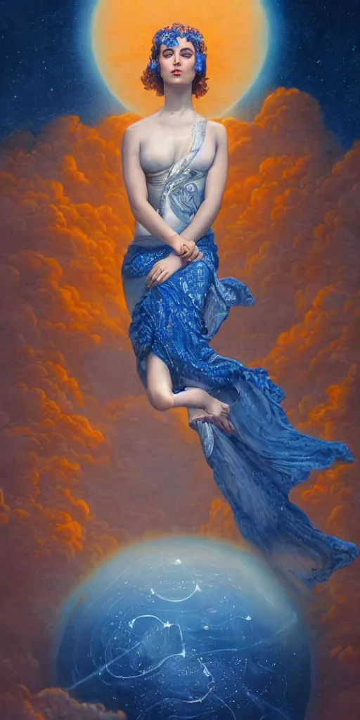 Image similar to full body portrait of beautiful goddess of mars theme inspired wearing blue and white carved details moving dress, she is floating in the air, planet mars in the background, open sky, highly detailed, mystical, little orange fog, circle forms, iper realistic, paint on canvas, art by tom bagshaw and karol bak