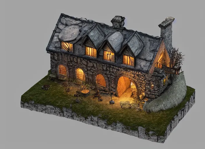 Image similar to medieval vampire village house, 3d model, miniature, iso, isometric view, gas lighting, stone and wood, dead tree, digital art, unreal engine