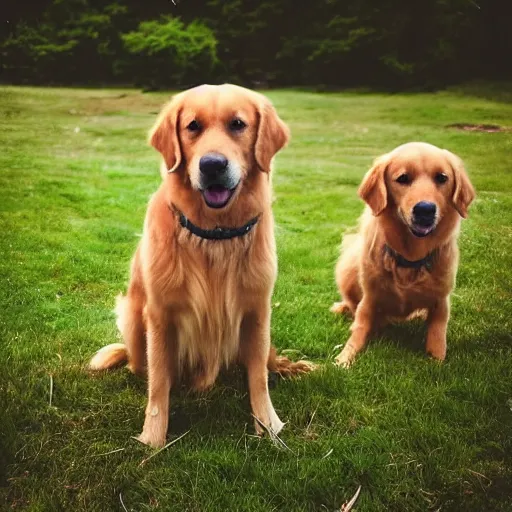 Prompt: “ an army of golden retrievers, looking up at the sky. beautiful woodlands, 4 k ”